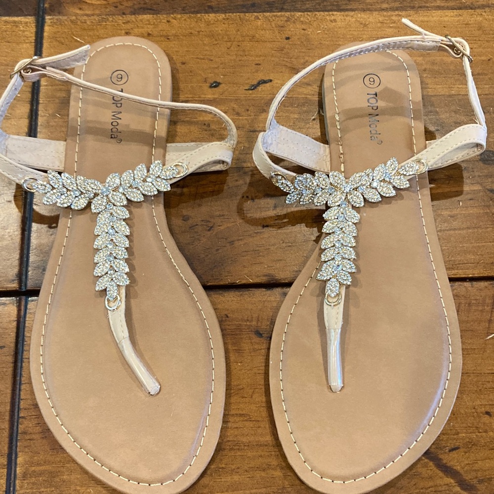 TOP Moda Women's Cream Sandals with Crystal Accents